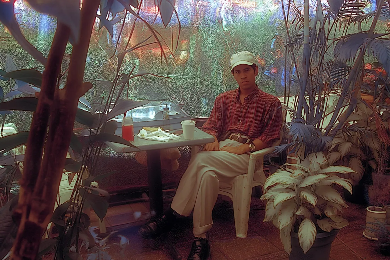 Fotografía de un hombre con gorra y camisa roja sentado a una mesa exterior rodeada de plantas, frente a un vidrio con reflejos verdosos.