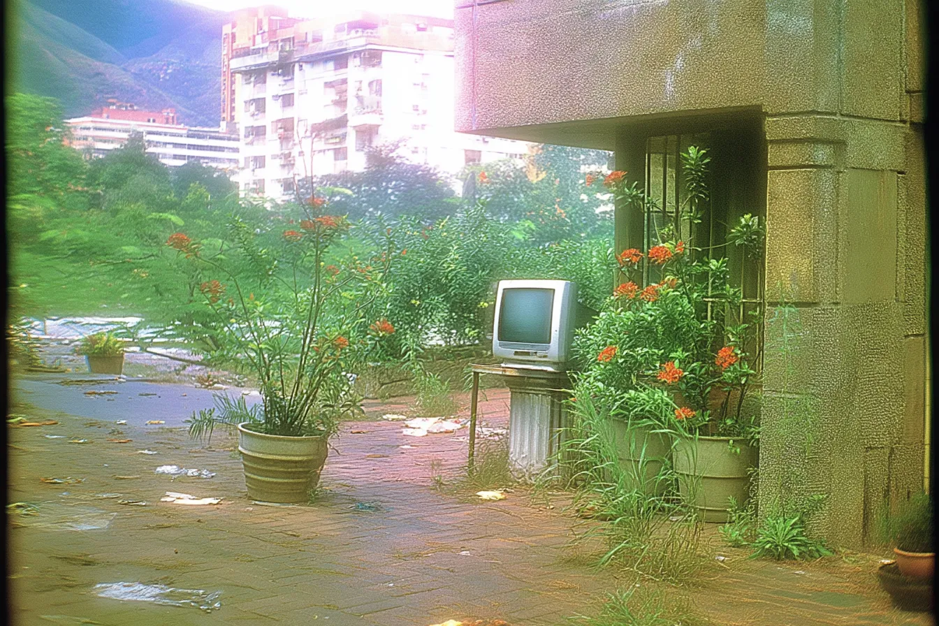Fotografía de un televisor antiguo colocado al aire libre entre macetas con flores anaranjadas, frente a un edificio de apartamentos.