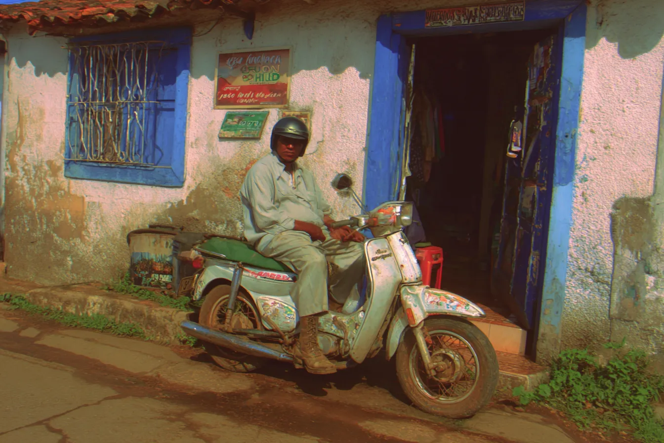 Un hombre con casco está sentado sobre una motocicleta antigua estacionada frente a una casa de paredes rosadas y azules descascaradas, con una ventana enrejada y una puerta azul abierta.