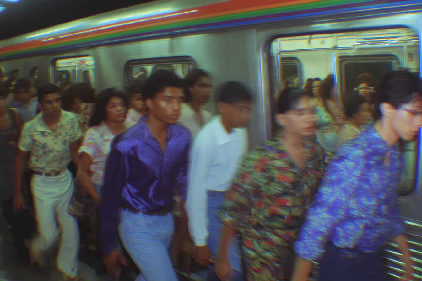 Una multitud de personas baja de un tren del metro con una franja de colores en el costado, todos en movimiento borroso, vestidos con camisas de distintos colores y estampados.