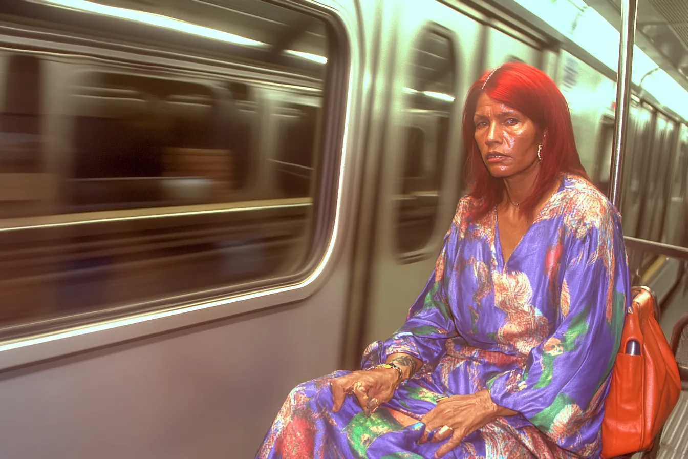 Una mujer de cabello rojo y vestido estampado morado y azul está sentada en un vagón del metro, con un bolso naranja al lado, mientras las ventanas detrás se ven borrosas por el movimiento.