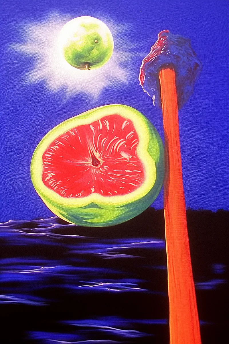 Ilustración con una manzana verde brillante en la parte superior como una luna, una fruta partida por la mitad con pulpa rosada flotando sobre agua azul oscuro, y un fósforo gigante de cabeza gris y palo naranja a la derecha.