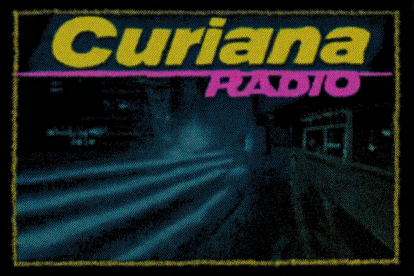 Imagen de título con el texto 'Curiana Radio' en letras amarillas grandes y rosadas pequeñas, sobre una fotografía nocturna azulada de una calle borrosa con luces, todo enmarcado por un borde dorado dibujado a mano tipo revista de los años noventa.