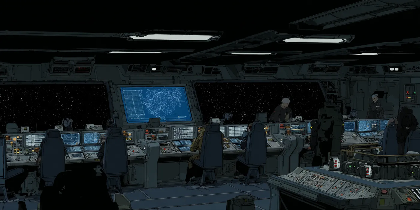 Sala de control futurista y oscura con varias personas sentadas frente a consolas con pantallas azules brillantes, y una pantalla circular grande en el centro con un gráfico luminoso.