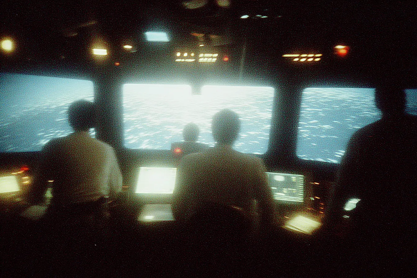 Interior de un puente de mando con cuatro personas de pie, vistas de espaldas en silueta, frente a un gran ventanal muy iluminado que muestra un cielo y mar brillantes, con pantallas pequeñas encendidas en los paneles de control.