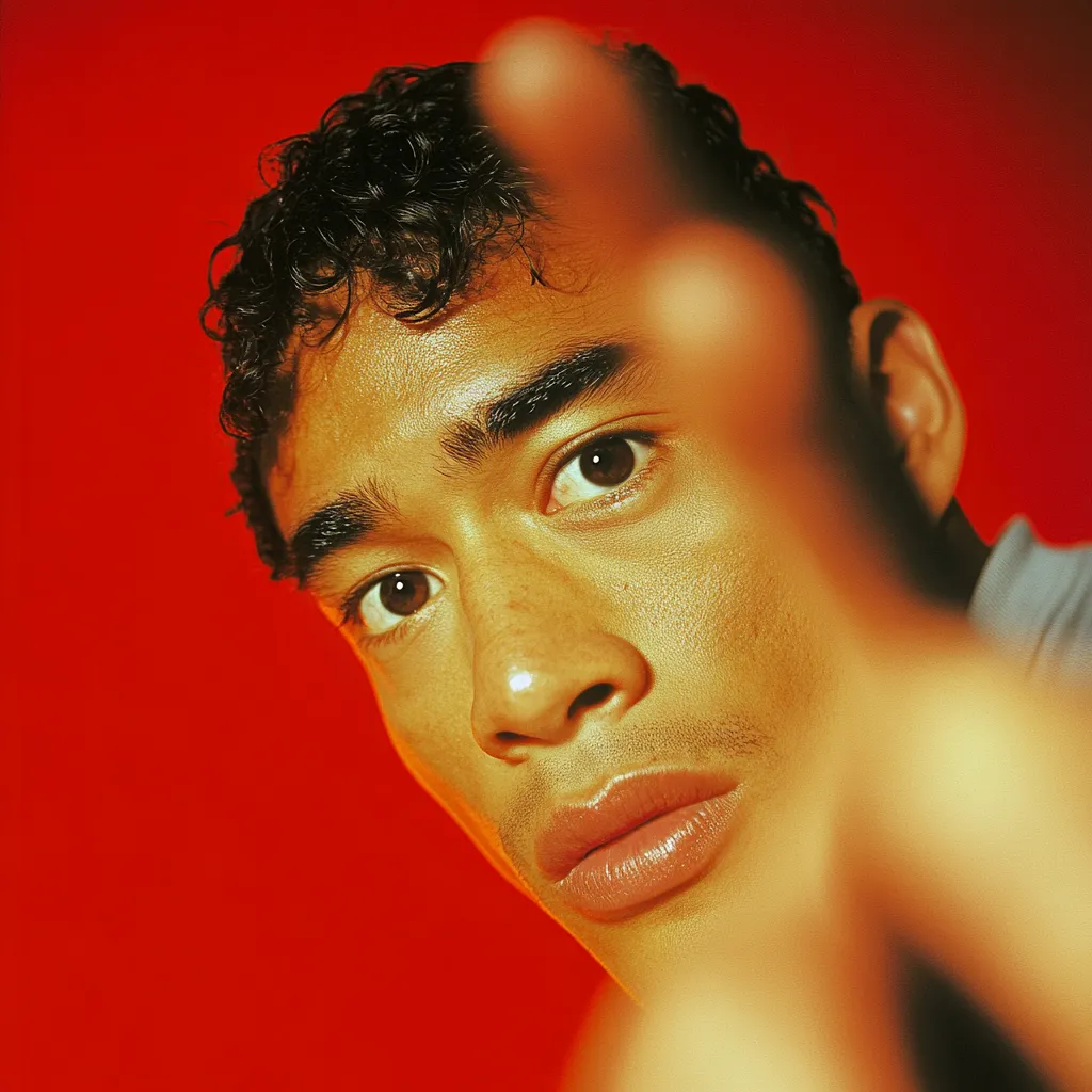 Retrato de un hombre joven de cabello oscuro y rizado, mirando fijamente a la cámara, con una mano extendida y borrosa en primer plano como si tocara el lente, sobre un fondo rojo intenso.