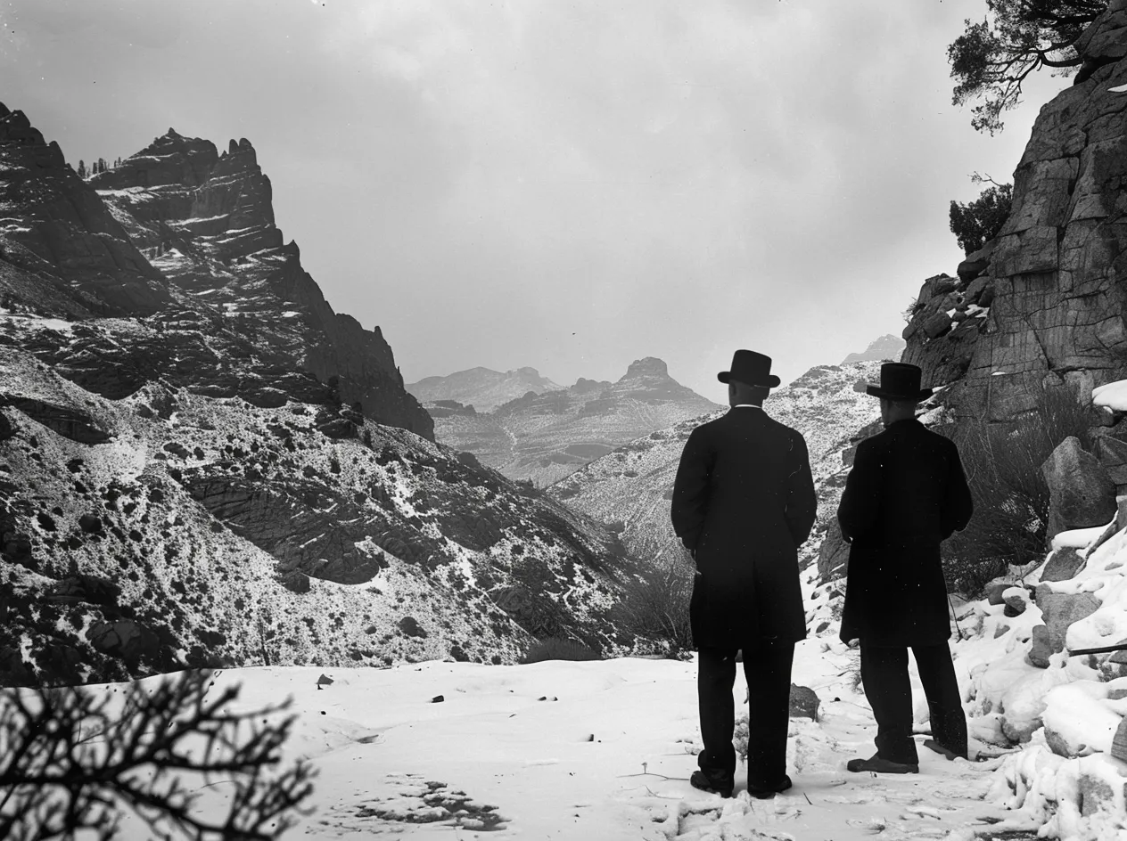 Fotografía en blanco y negro de dos hombres con abrigo oscuro y sombrero, de pie sobre nieve, mirando hacia una cadena de montañas rocosas bajo un cielo nublado.