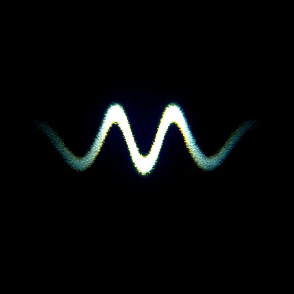 Logotipo minimalista de una onda sonora en forma de dos curvas conectadas, hecha de puntos de luz blanca, amarilla y verde, sobre un fondo completamente negro.