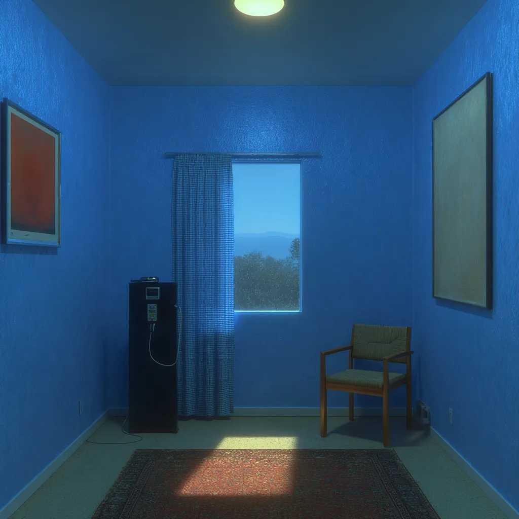 Habitación pintada de azul con un cuadro naranja abstracto en la pared izquierda, un cuadro en blanco en la derecha, una ventana con cortina que muestra montañas, un aparato oscuro alto con pantalla y una silla de madera, con una alfombra en el piso.