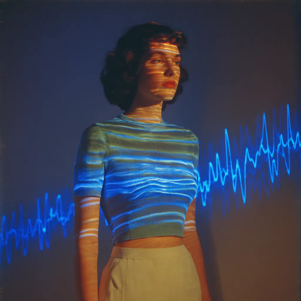 Retrato de una mujer con peinado de los años cincuenta y blusa a rayas, iluminada en tonos cálidos, con una línea de electrocardiograma azul brillante superpuesta que le cruza el rostro y el cuerpo sobre un fondo oscuro.