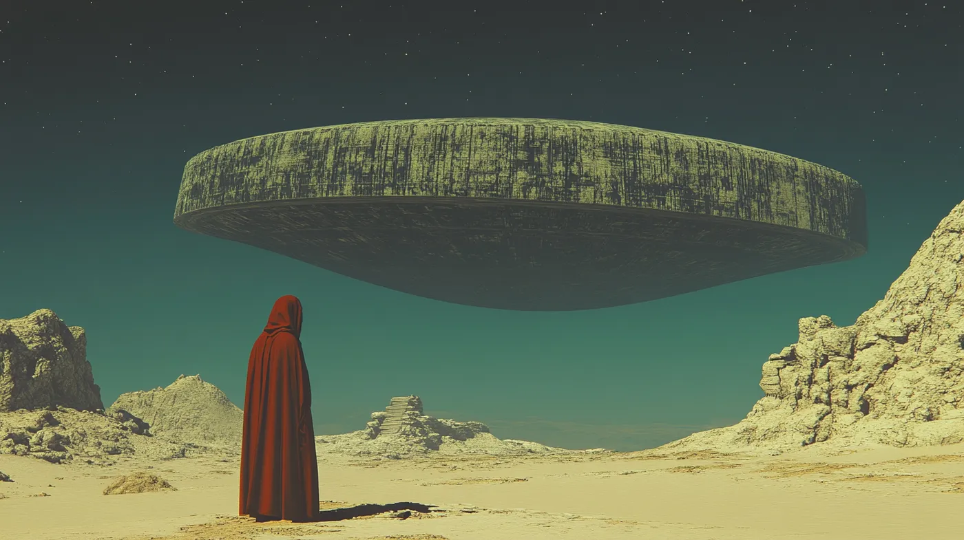 Persona con capa roja y capucha de pie en un desierto rocoso, mirando hacia una enorme nave o disco oscuro y texturizado que flota en el cielo verde azulado.