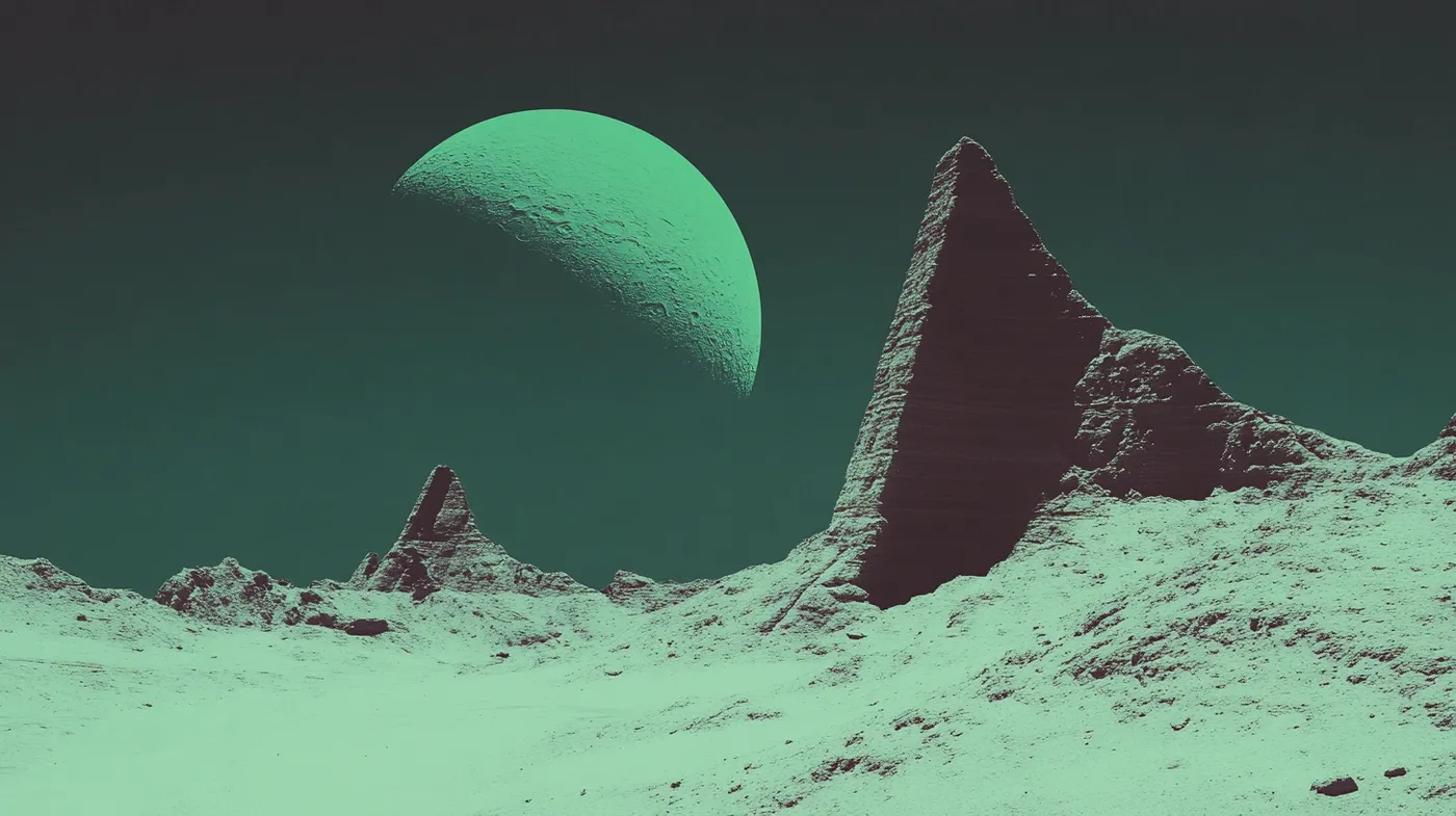 Paisaje rocoso de otro planeta con picos oscuros y afilados cubiertos de escarcha blanca, bajo un cielo verde con una gran luna o planeta en fase creciente.