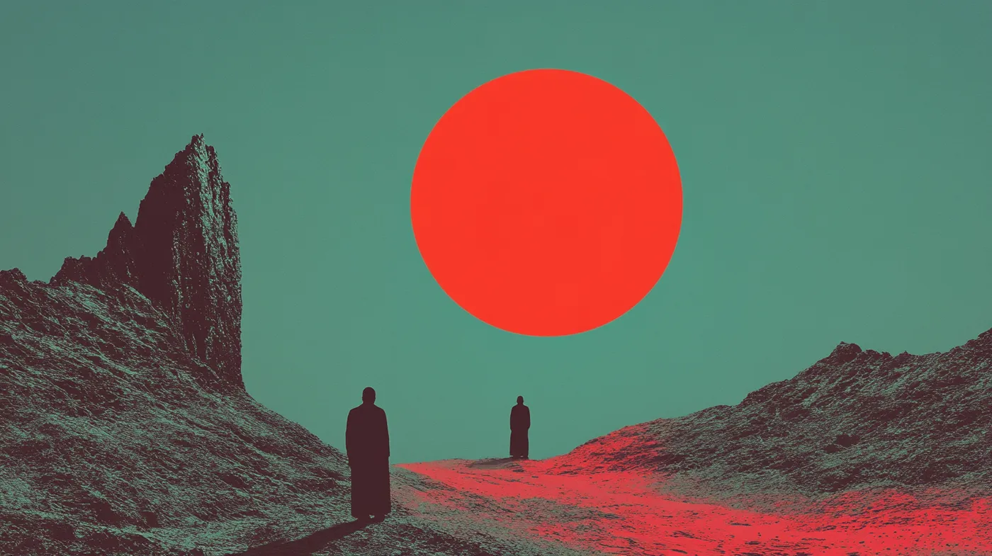 Dos personas caminan en silueta hacia un gran sol o círculo rojo sobre un paisaje rocoso desértico bajo un cielo verde azulado, con el camino teñido de rosa por el reflejo.
