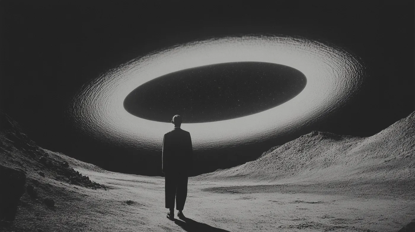Fotografía en blanco y negro de una persona de pie en silueta dentro de un paisaje árido, mirando hacia un enorme halo o anillo de luz que domina el cielo.