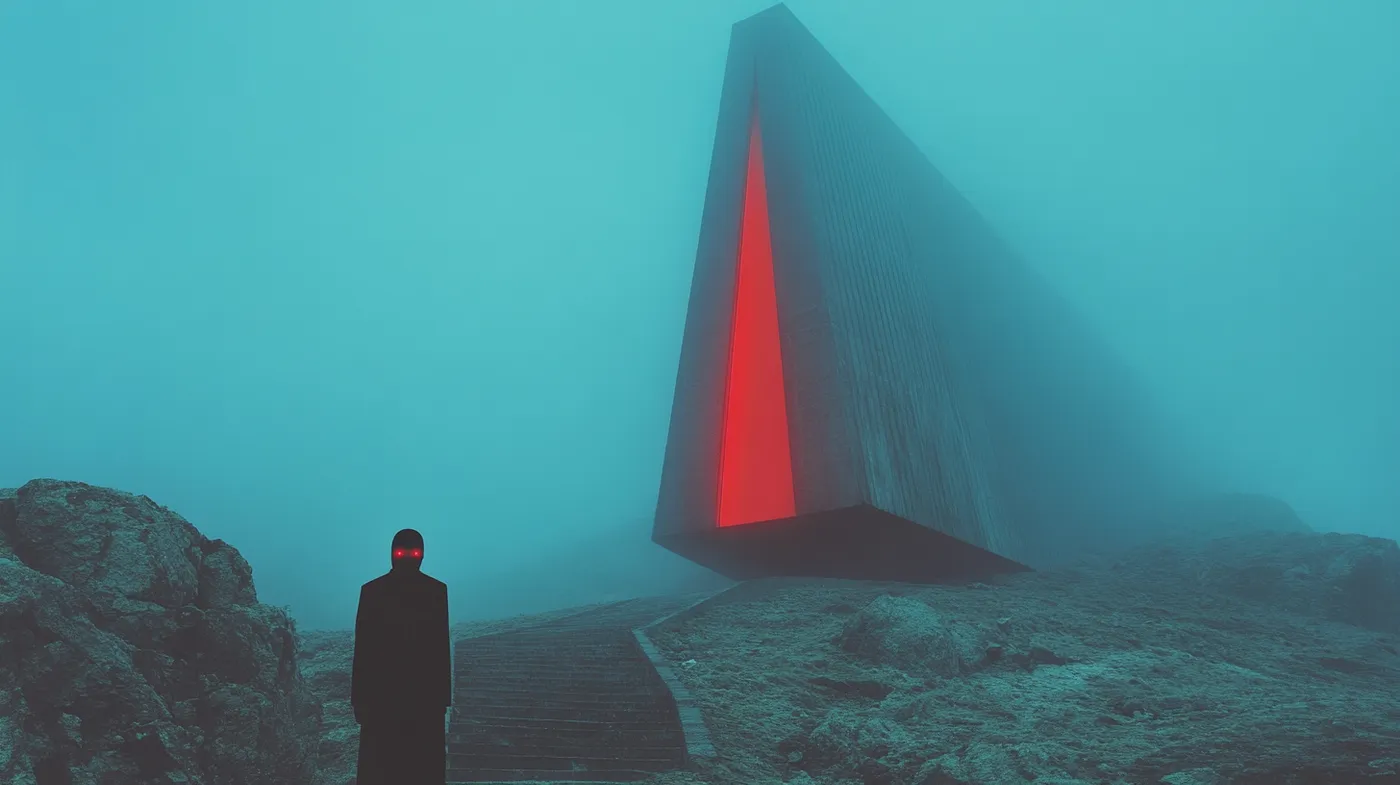 Persona de pie envuelta en niebla azulada, frente a una estructura oscura en forma de triángulo con una franja de luz roja vertical en su interior, sobre un terreno rocoso.