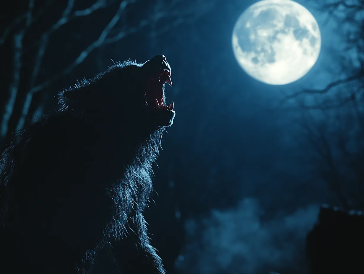 Primer plano de un hombre lobo peludo aullando con la boca abierta y los colmillos a la vista, en tonos azules fríos, con una luna llena parcialmente visible en la esquina superior derecha.