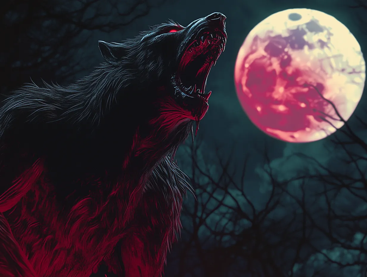 Hombre lobo oscuro aullando con manchas rojizas en el pecho y el hocico, junto a una luna llena con tonos rojos como sangre, entre árboles oscuros por la noche.