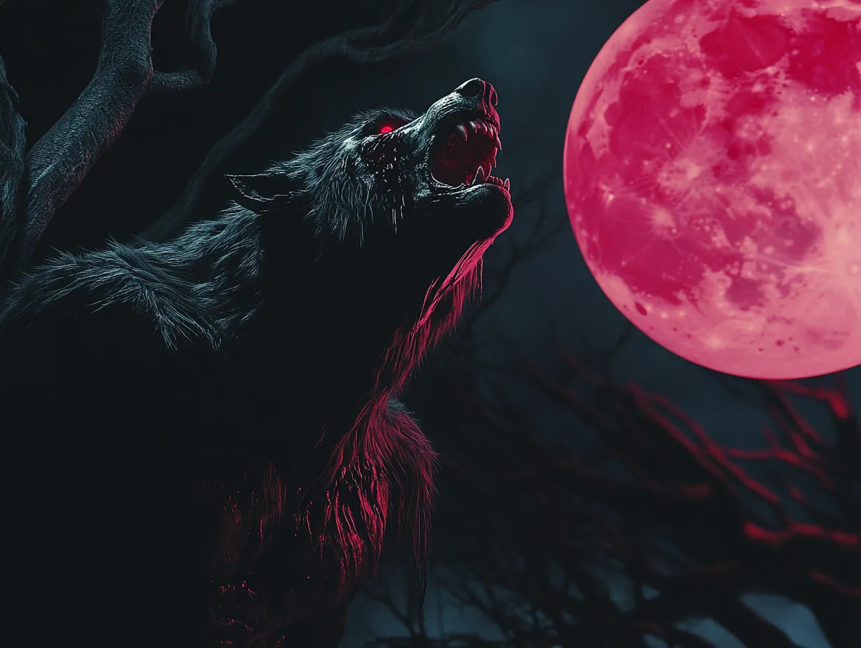 Primer plano de un hombre lobo negro gruñendo con un ojo rojo brillante, frente a una luna llena rosada, rodeado de ramas oscuras de árboles.