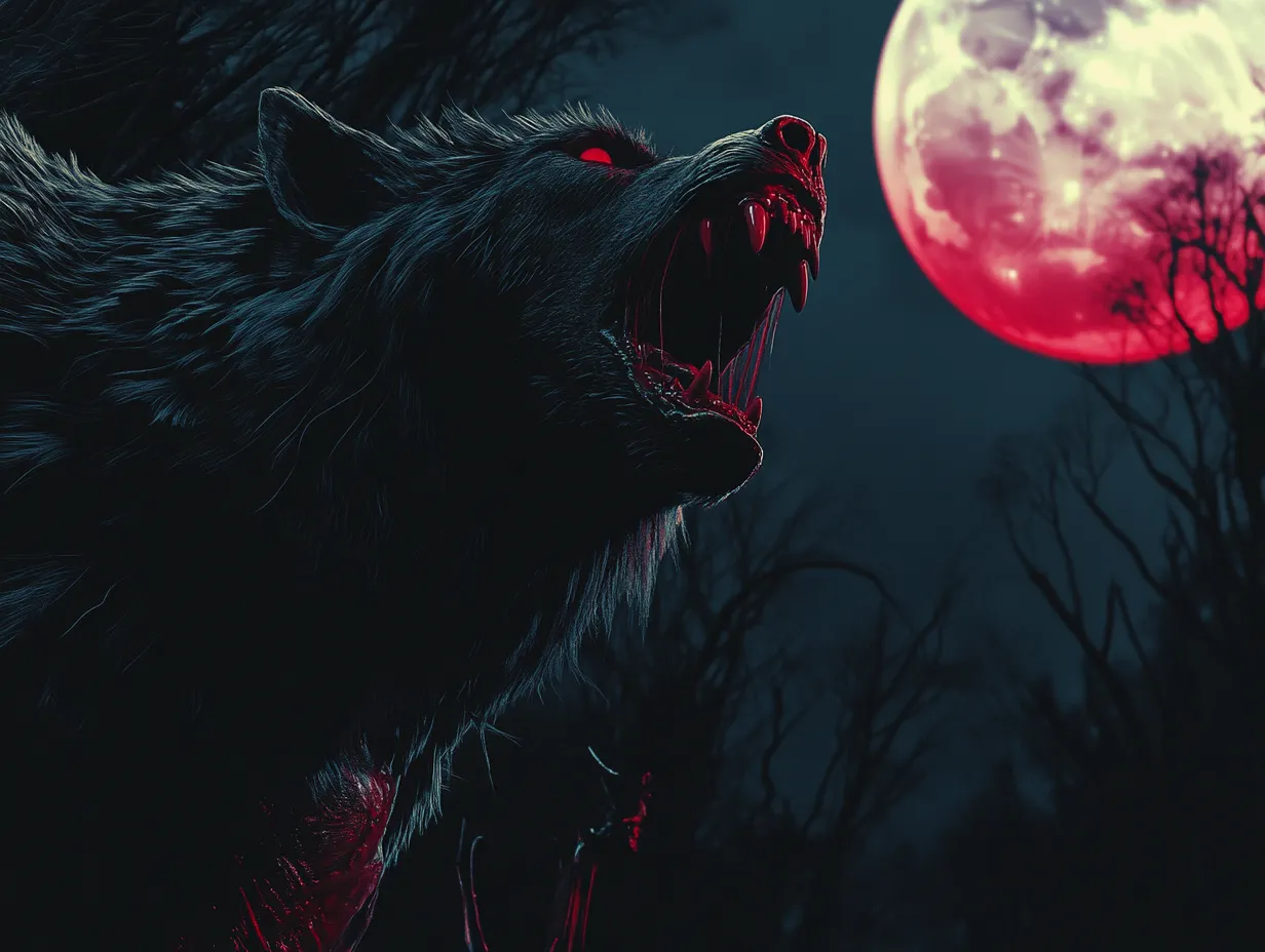 Hombre lobo negro visto de hombros hacia arriba, gruñendo con el pelaje erizado, un ojo rojo brillante, frente a una luna llena rosada entre árboles oscuros.
