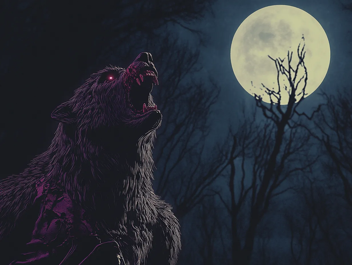 Ilustración de un hombre lobo aullando con la cabeza echada hacia atrás, pelaje oscuro con reflejos morados, ramas secas de árboles alrededor y una luna amarilla pálida al fondo.
