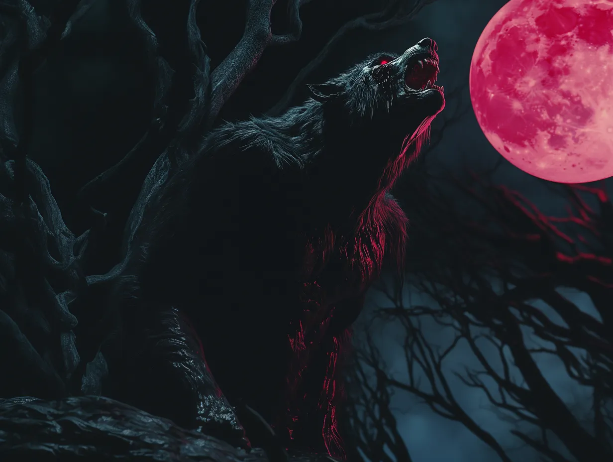 Hombre lobo aullando con un ojo rojo brillante, enmarcado por ramas oscuras de árboles a los costados, frente a una luna llena de tono rosado.