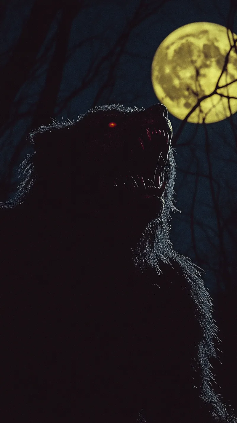 Silueta casi completamente negra de un hombre lobo aullando, con un ojo rojo brillante como único detalle visible, frente a una luna amarilla en la esquina superior derecha, en formato vertical.