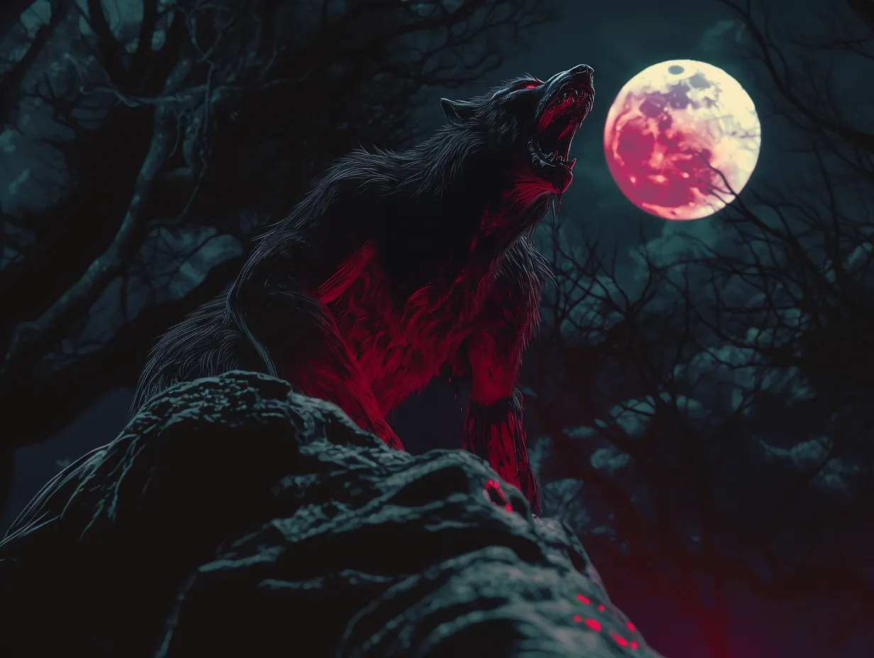 Hombre lobo de pelaje oscuro con tonos rojizos, de pie sobre el borde de una roca o risco, aullando hacia una luna amarilla, con ramas de árboles alrededor.