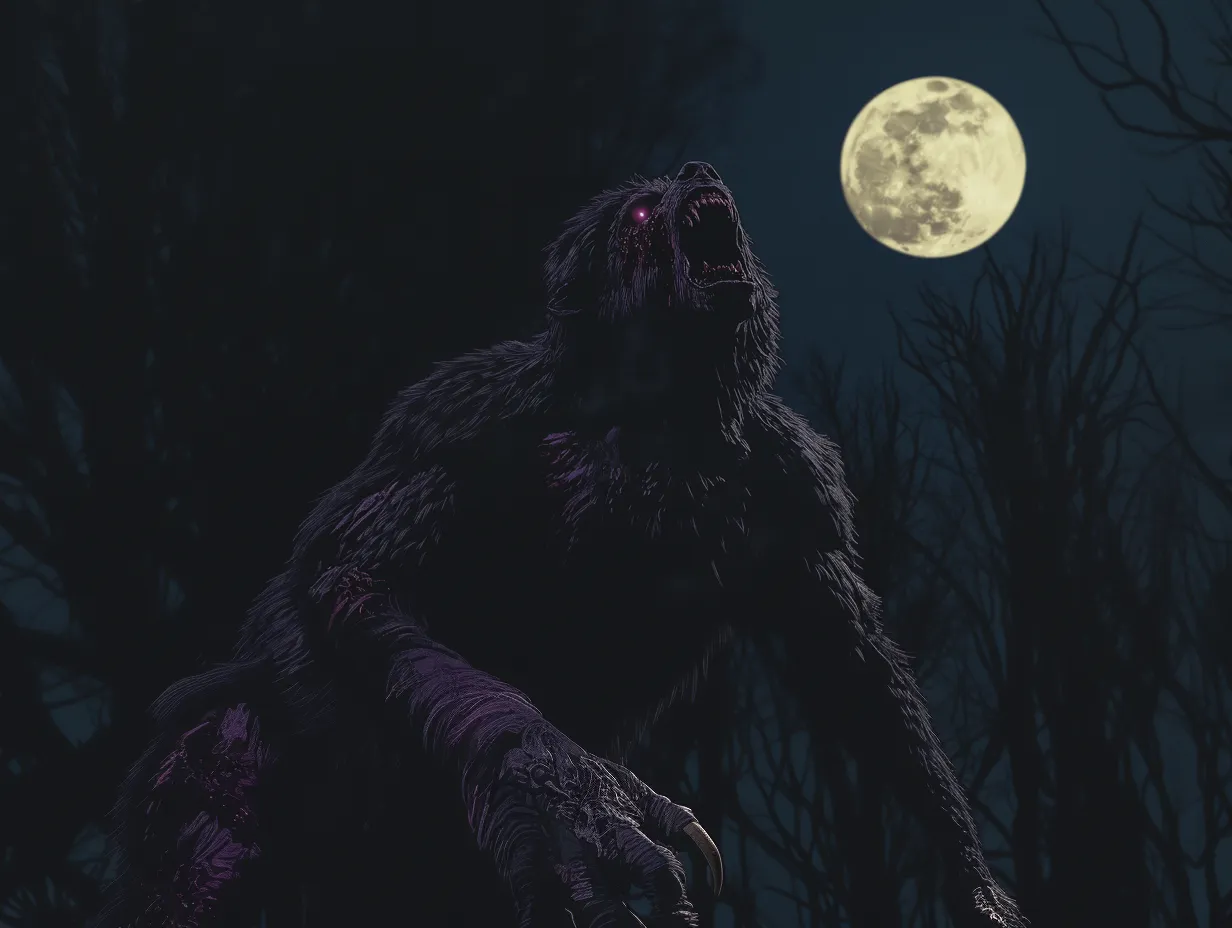 Hombre lobo musculoso de pie sobre dos patas, visto desde un ángulo bajo, aullando hacia una luna amarilla rodeada de siluetas de árboles.
