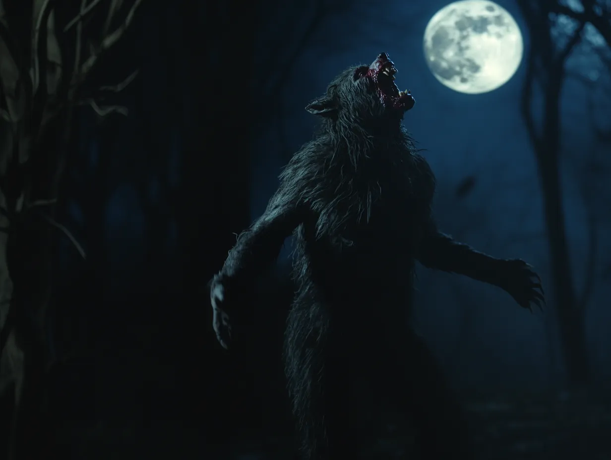 Hombre lobo de cuerpo completo con los brazos y garras extendidos hacia los lados, aullando bajo una luna blanca amarillenta, en tonos azulados de noche.