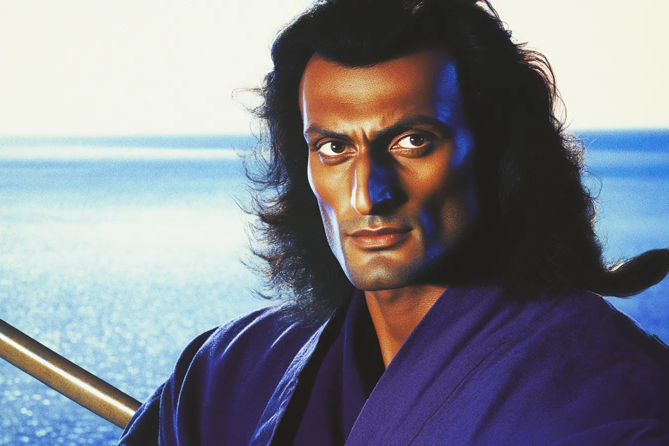 Retrato de un hombre de piel morena con cabello largo y ondulado, mitad del rostro iluminada en azul, vestido con una prenda azul oscuro tipo túnica, con una espada envainada sobre el hombro y el mar de fondo.