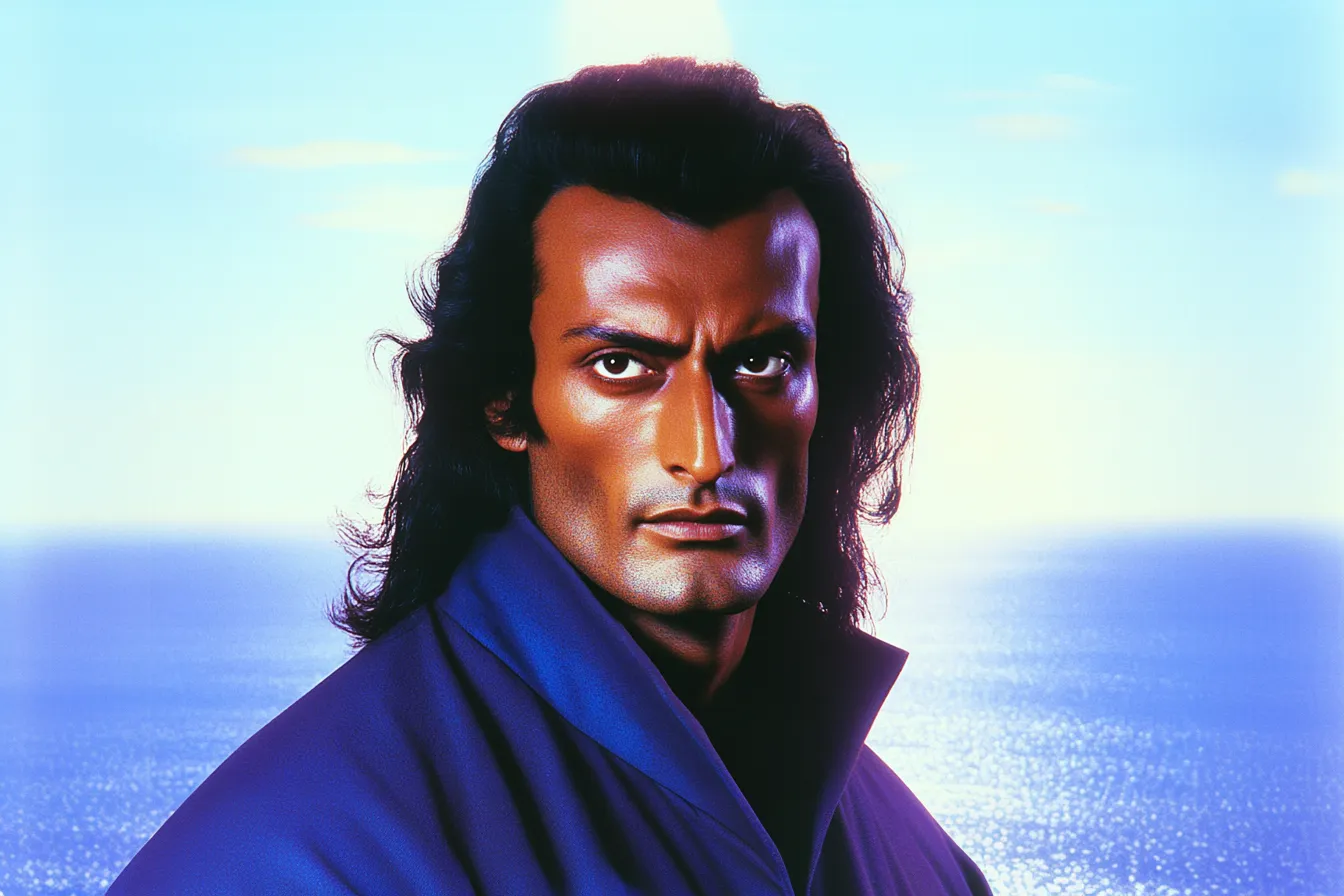 Retrato frontal de un hombre de piel morena con cabello largo suelto, rostro iluminado con luz cálida de un lado y azul del otro, vestido con una prenda azul oscuro de cuello alto, con el mar al fondo.