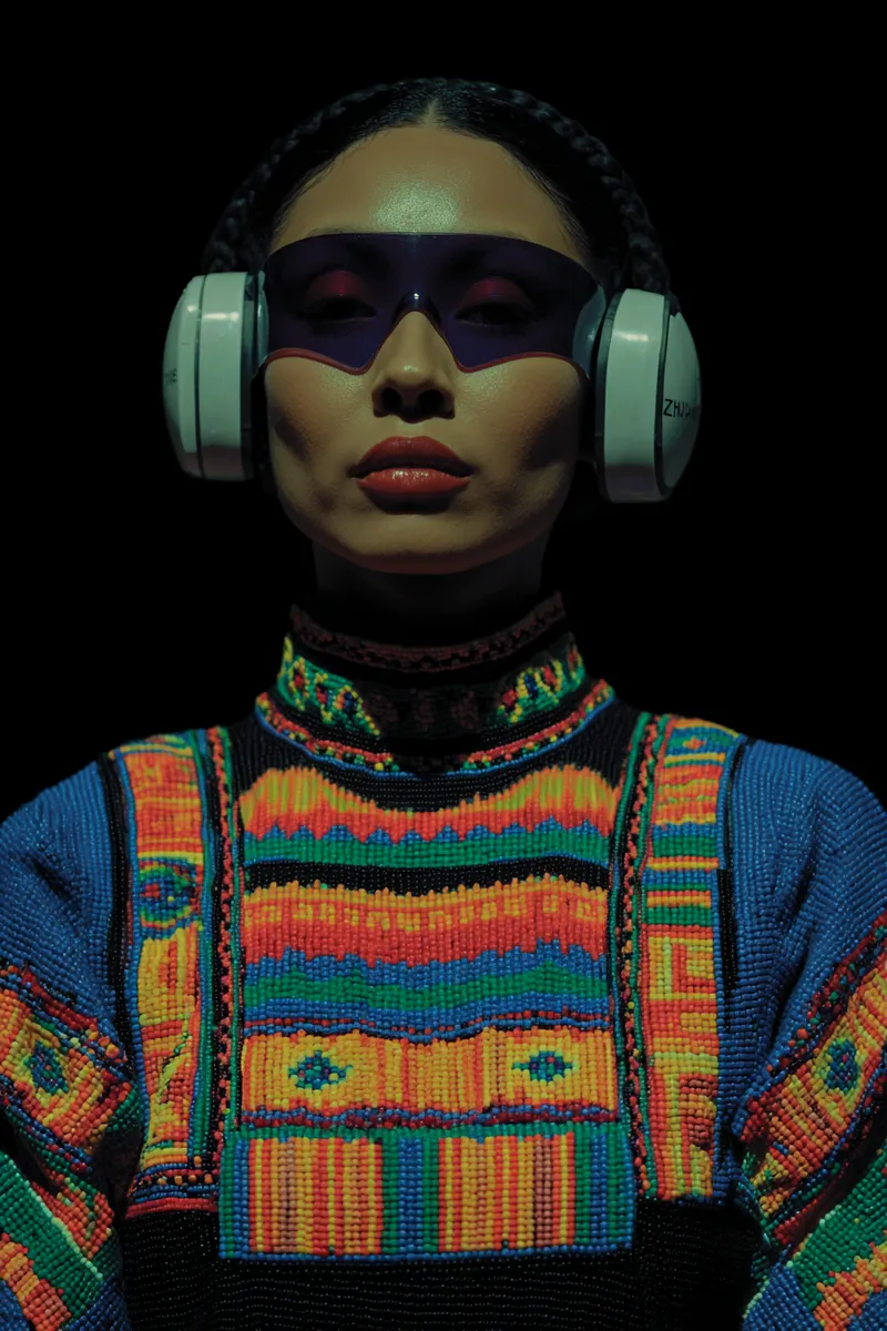 Retrato de una mujer de piel morena con el cabello trenzado, gafas oscuras cubriéndole los ojos, audífonos blancos grandes y un chaleco tejido con cuentas de colores vivos, sobre fondo negro.