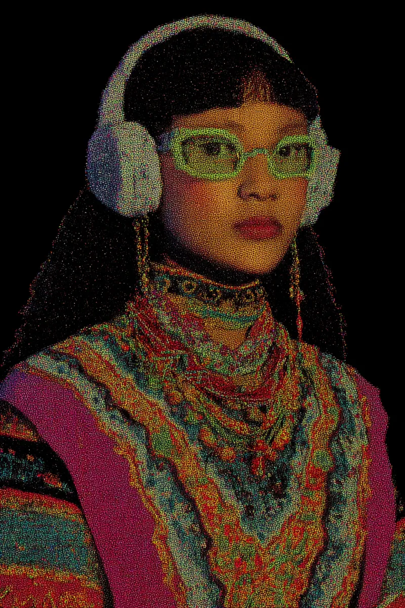 Retrato de una mujer joven con flequillo, gafas verdes rectangulares, audífonos blancos, un collar de cuentas de colores en capas y una prenda rosa y turquesa bordada, sobre fondo negro con textura granulada.