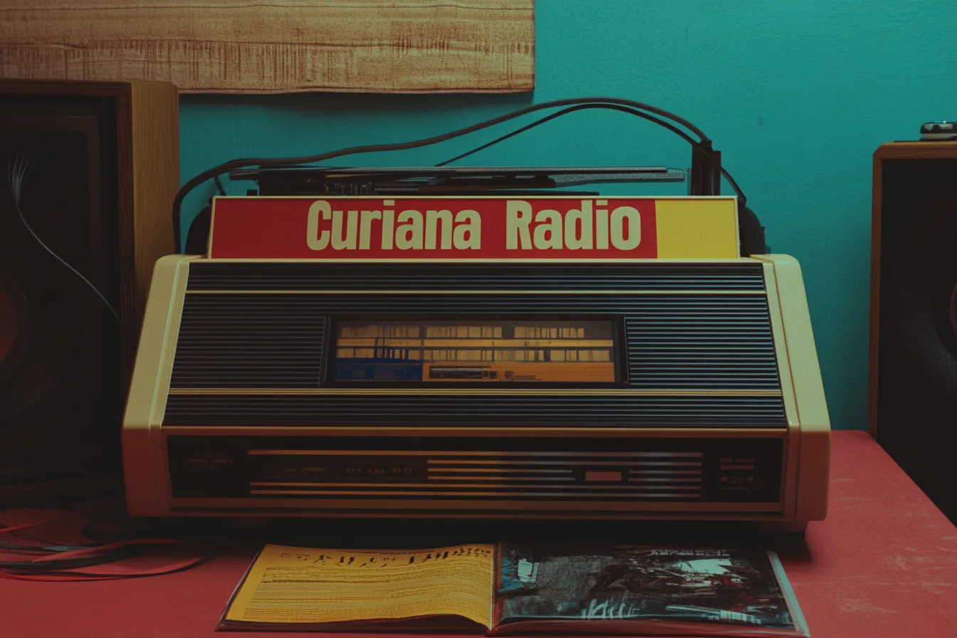 Fotografía de un radio receptor vintage color crema sobre una mesa roja, con un cartel rojo y amarillo que dice Curiana Radio apoyado encima, cables sueltos y un disco de vinilo al lado, contra una pared turquesa.
