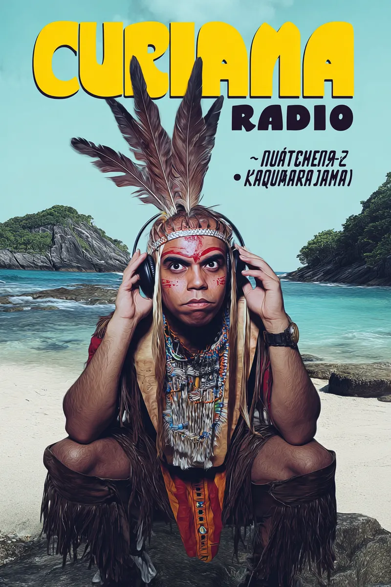 Portada de revista con el título Curiana Radio en letras amarillas, con la imagen de una persona con tocado de plumas, pintura facial roja, audífonos y ropa de flecos color canela, sentada sobre rocas frente a una bahía tropical.