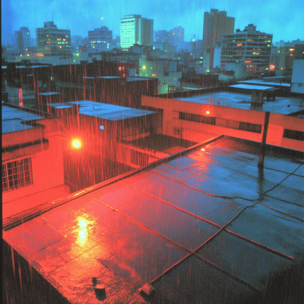 Vista nocturna de una azotea bajo lluvia intensa, con una luz roja encendida en primer plano y el perfil de edificios iluminados de una ciudad al fondo, bajo un cielo azul oscuro.