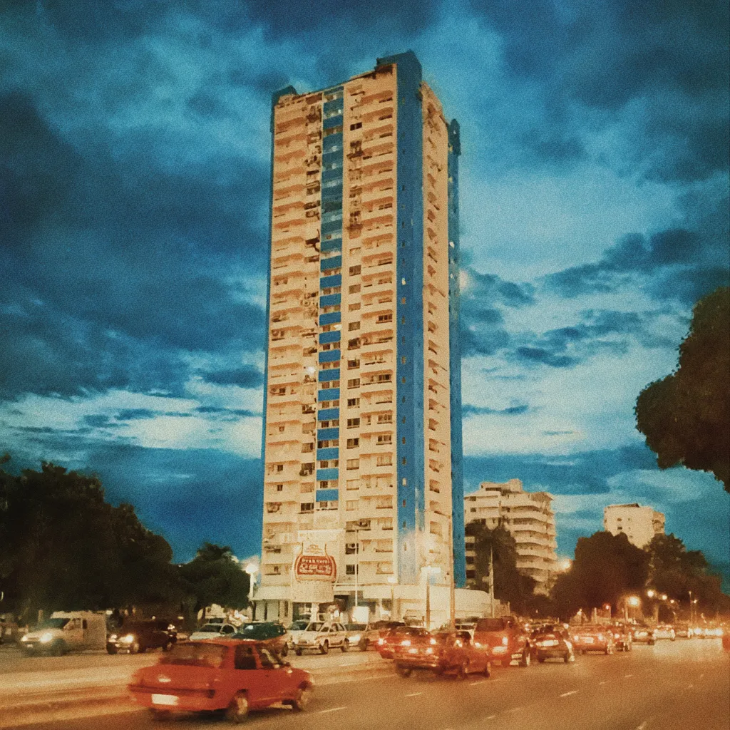 Fotografía de un edificio residencial alto iluminado al atardecer, con nubes azules y moradas de fondo, autos y palmeras en la calle frente al edificio.