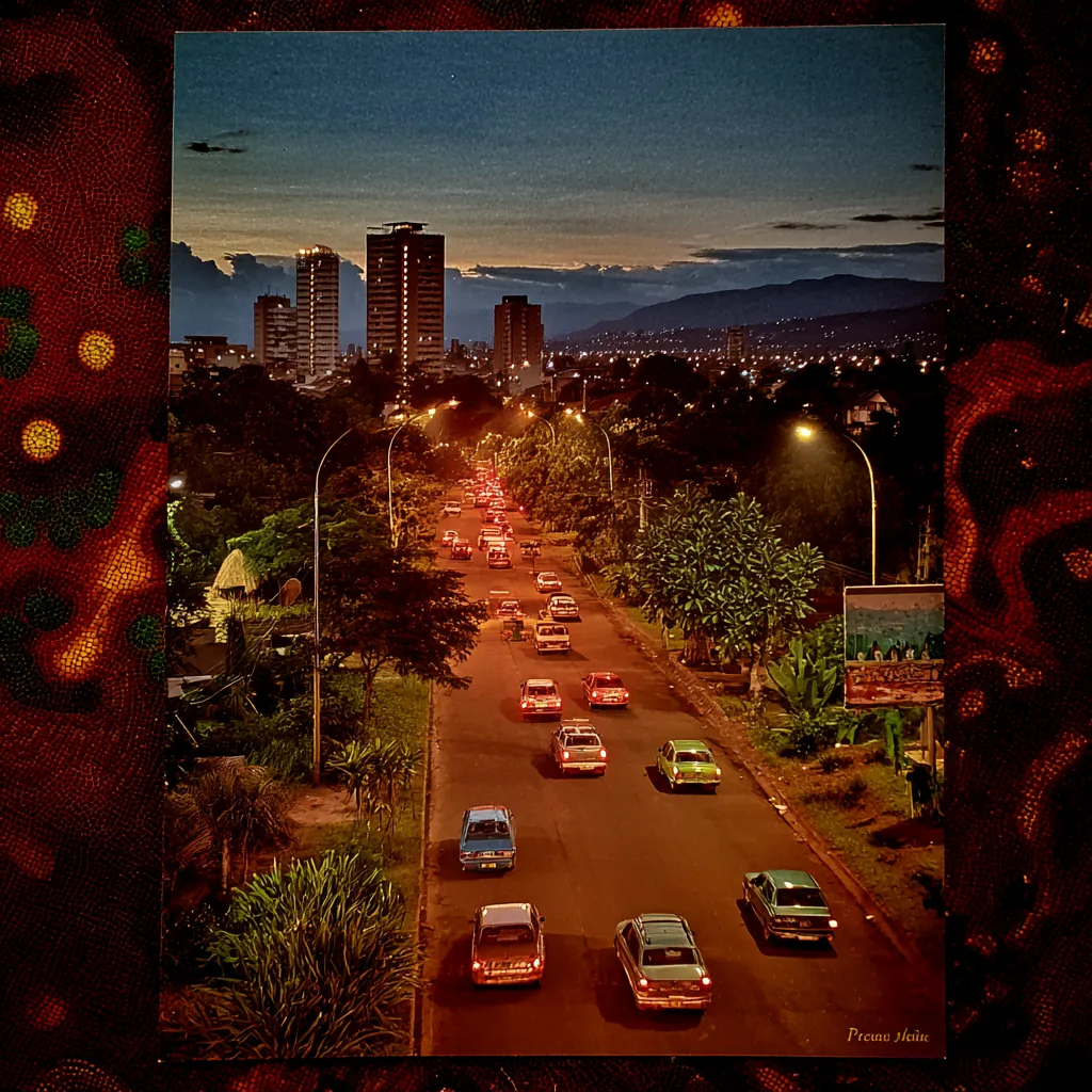 Postal con borde decorativo de manchas rojas y verdes tipo piel animal, con una fotografía de una avenida urbana al atardecer, tráfico con luces rojas, edificios altos y montañas al fondo.