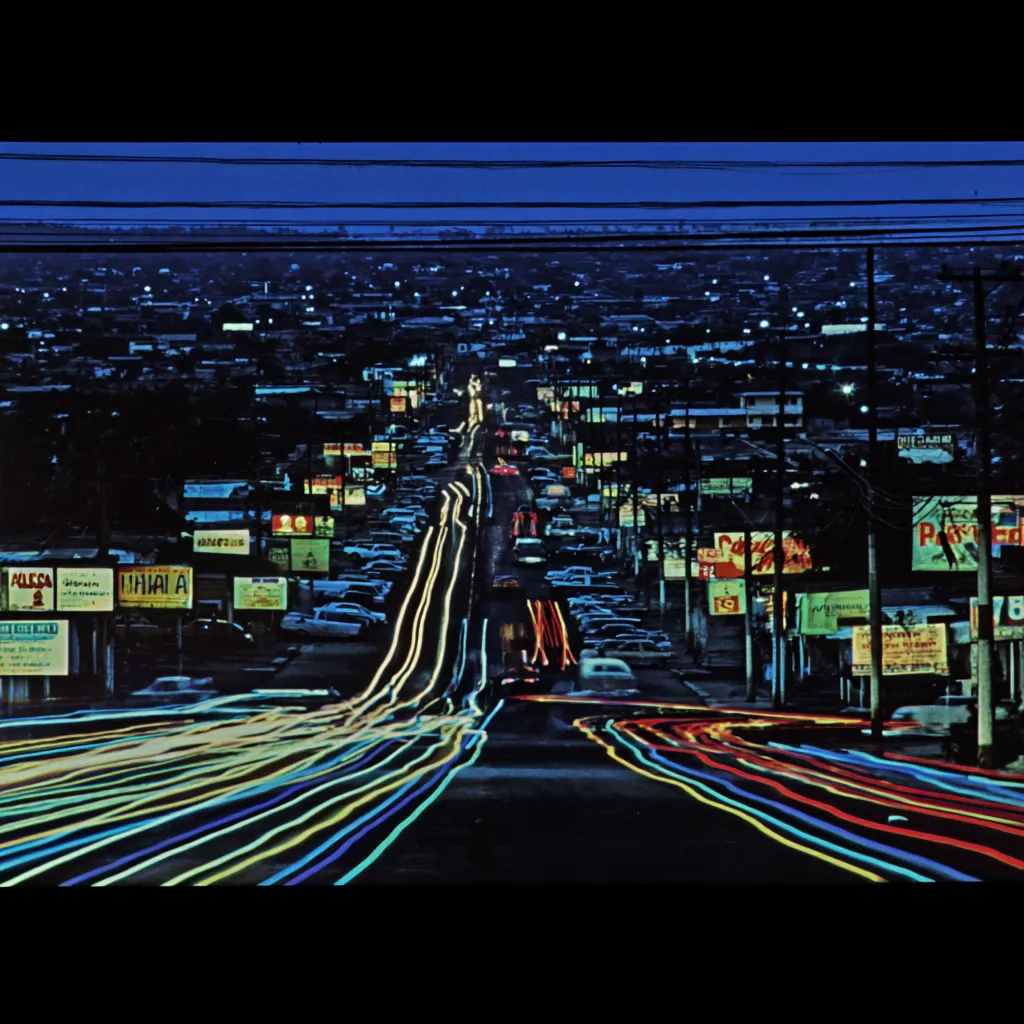 Vista aérea nocturna de una avenida urbana con estelas de luces de colores dejadas por el tráfico, edificios y vallas publicitarias iluminadas a los lados, bajo un cielo azul oscuro.