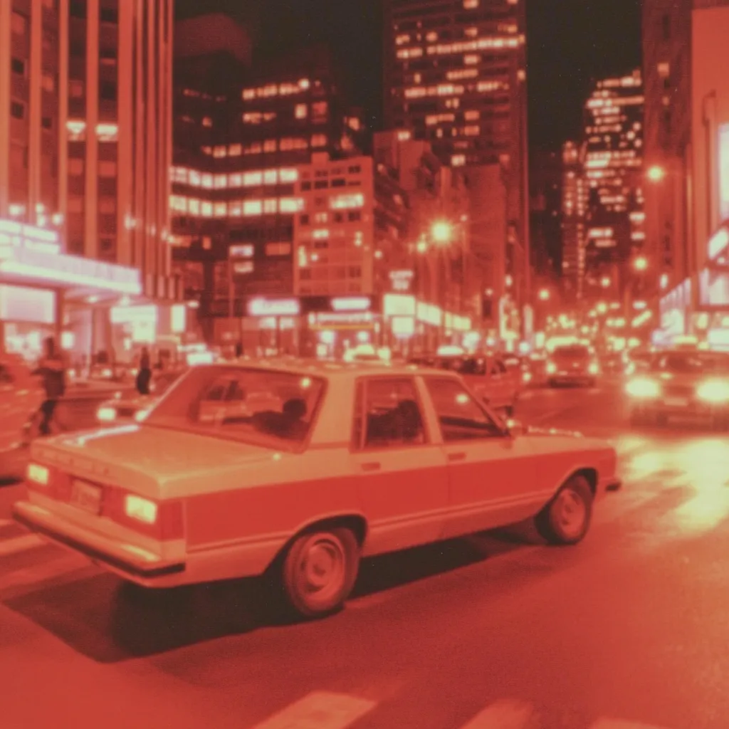 Fotografía nocturna con tono rojo intenso de una calle de ciudad, con un automóvil sedán en primer plano, edificios iluminados, letreros de neón y tráfico al fondo.