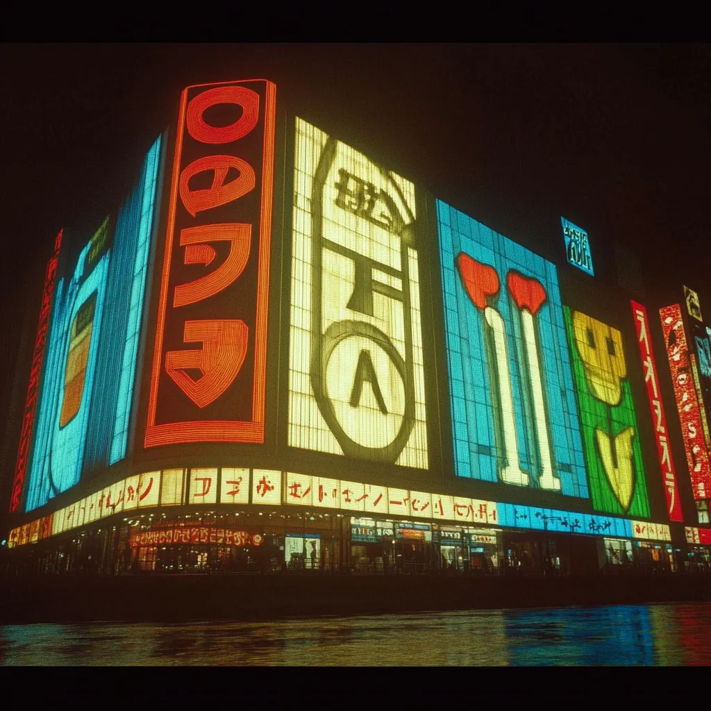 Fotografía nocturna de un edificio comercial cubierto de grandes letreros de neón con caracteres asiáticos y símbolos de colores, con reflejos sobre la calle mojada.