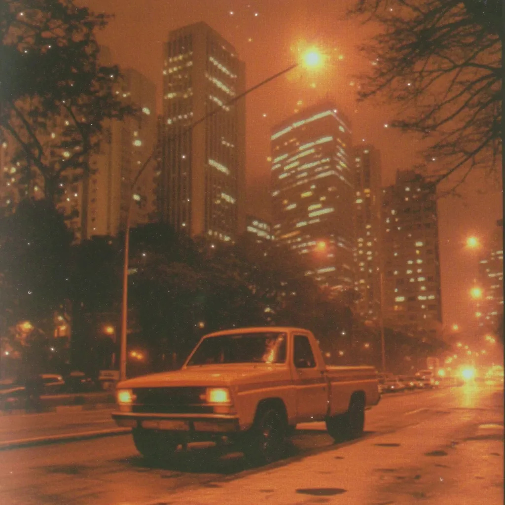 Fotografía nocturna con tono naranja de una calle con neblina, una camioneta estacionada en primer plano y rascacielos iluminados difuminados por la bruma al fondo.