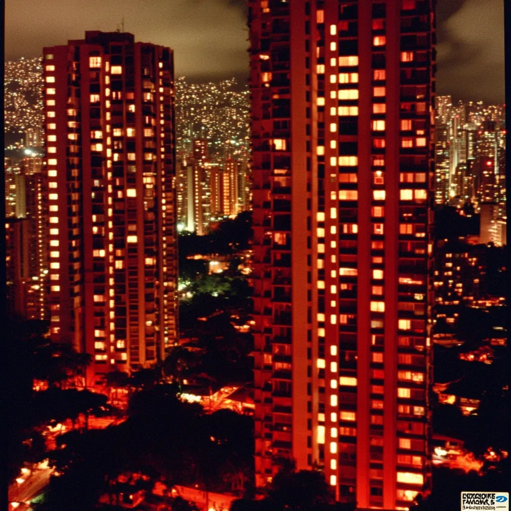 Vista aérea nocturna de dos torres residenciales altas iluminadas en tono rojo anaranjado, rodeadas de una ciudad extensa con luces del mismo color hasta el horizonte.