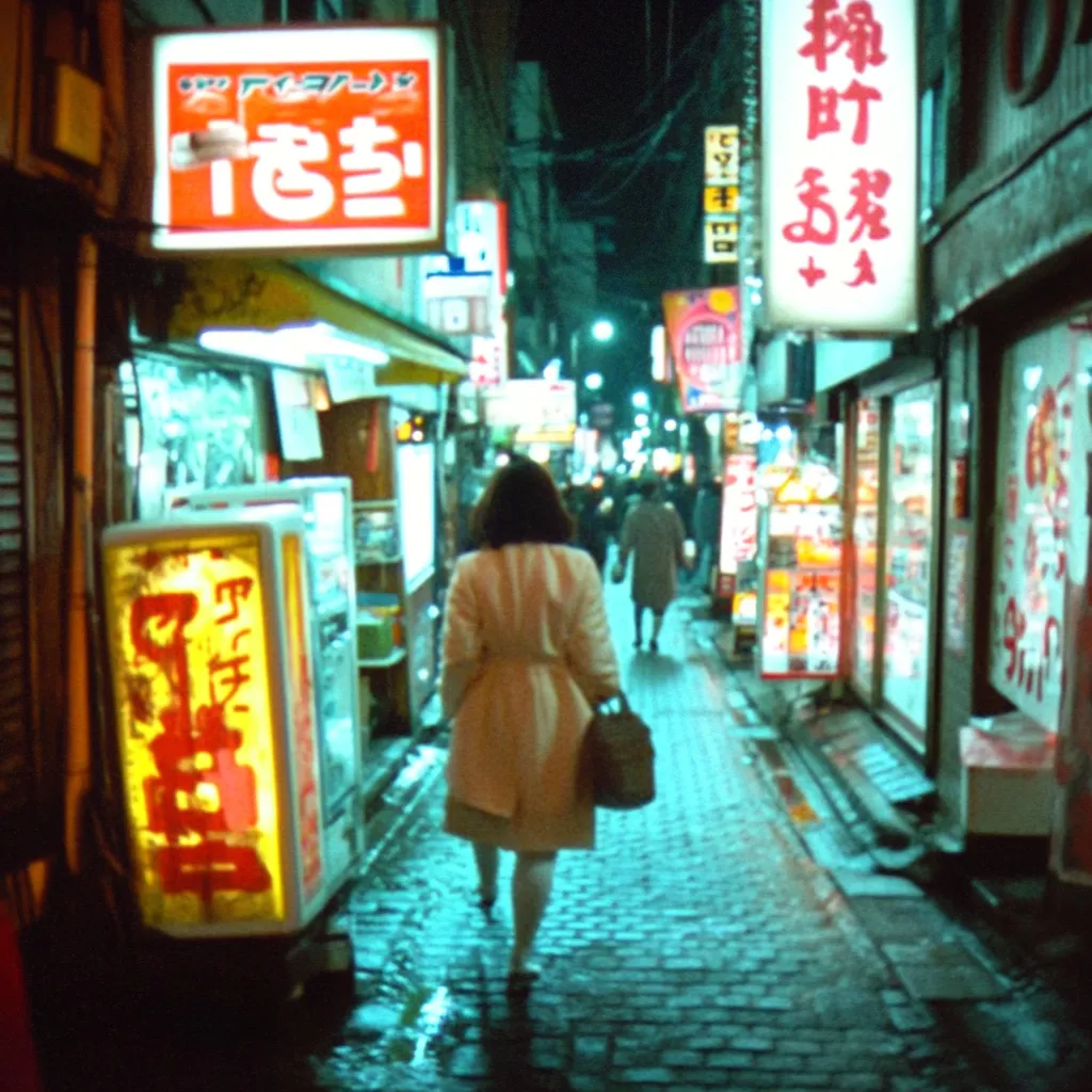 Fotografía nocturna de un callejón estrecho con letreros de neón y caracteres asiáticos, una persona con abrigo blanco caminando de espaldas sobre el pavimento mojado.