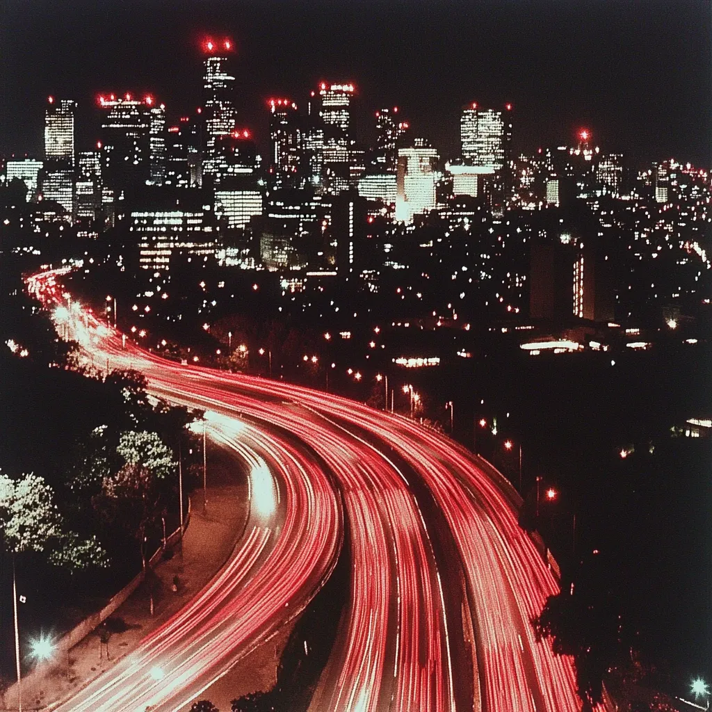 Vista aérea nocturna de una autopista curva con estelas de luces rojas de tráfico, con el horizonte de una ciudad iluminada al fondo y árboles oscuros en primer plano.