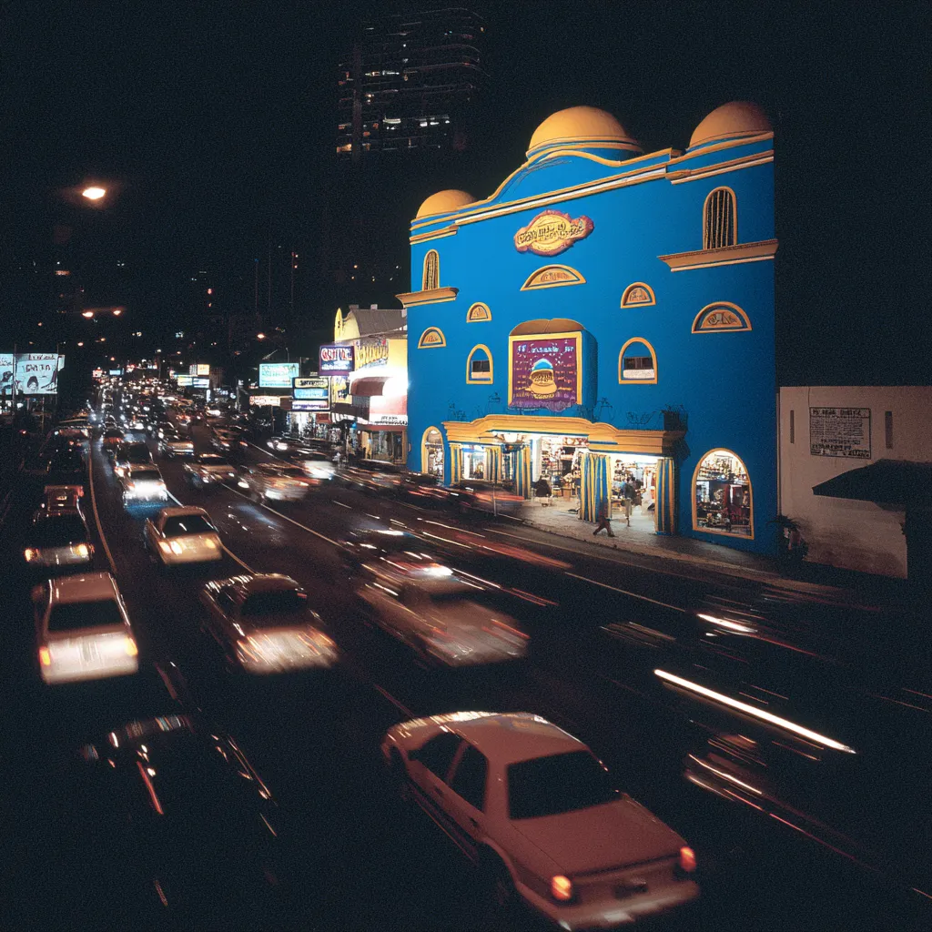 Fotografía nocturna de un edificio de arquitectura con cúpulas doradas iluminado de azul, con tráfico en movimiento borroso en la avenida frente a él y letreros luminosos alrededor.