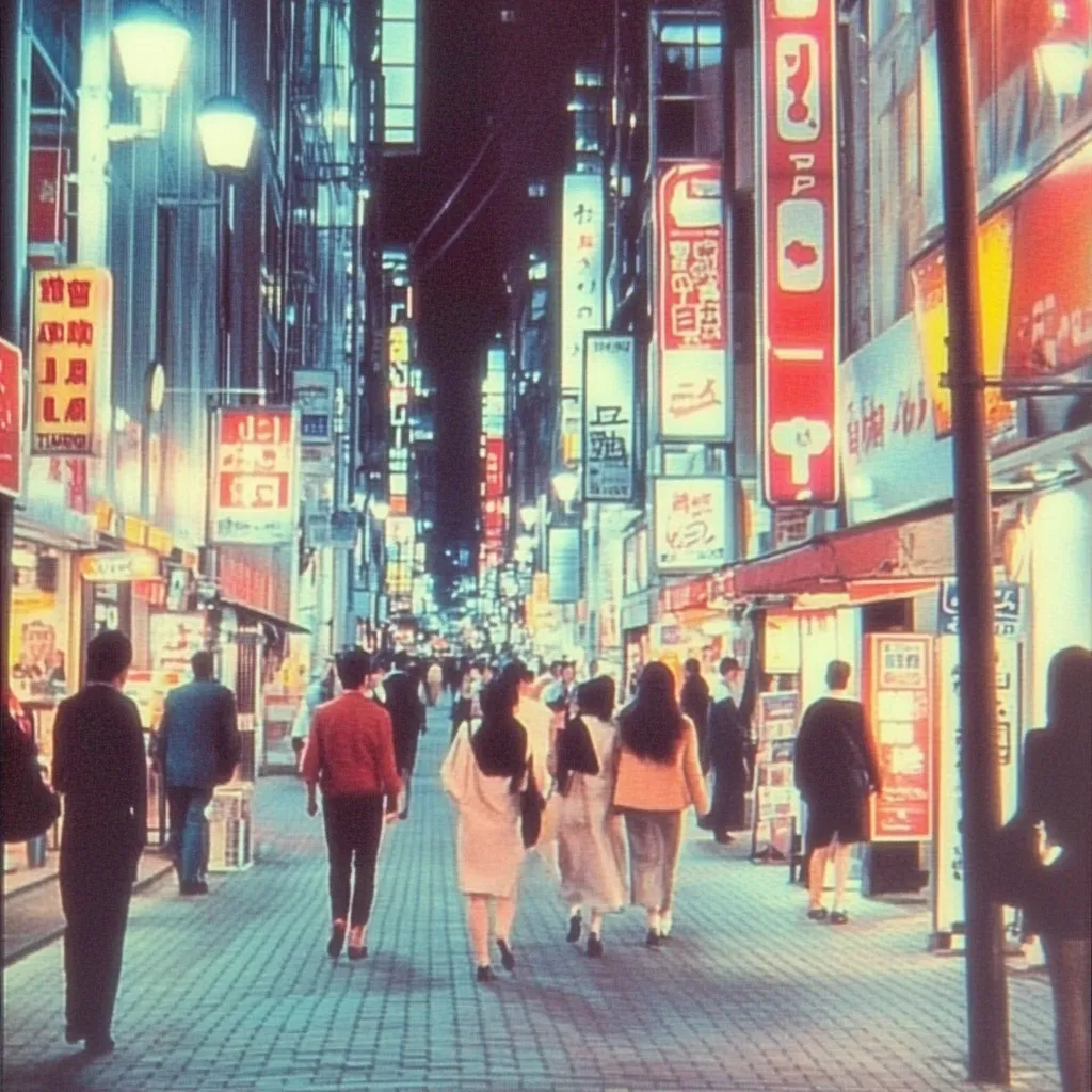 Fotografía nocturna de una calle peatonal concurrida con personas caminando, letreros de neón con caracteres asiáticos y luces colgantes, en tonos azules y rojos.