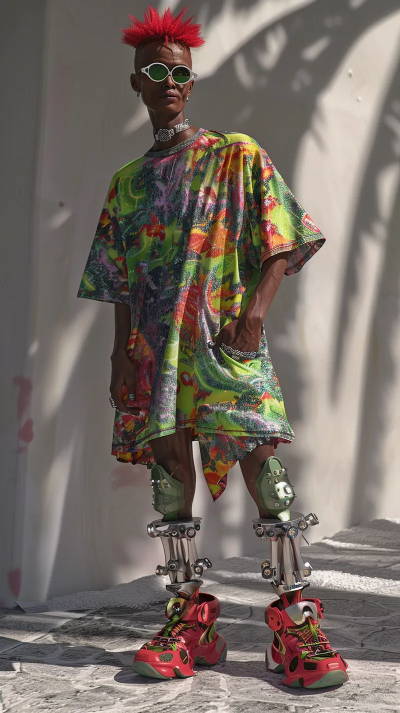 Retrato de una persona con cresta roja, gafas de sol claras, una túnica holgada estampada en verde, naranja y rosa, y piernas protésicas metálicas visibles desde la rodilla hasta zapatillas rojas, sobre un fondo blanco con sombra de palmera.