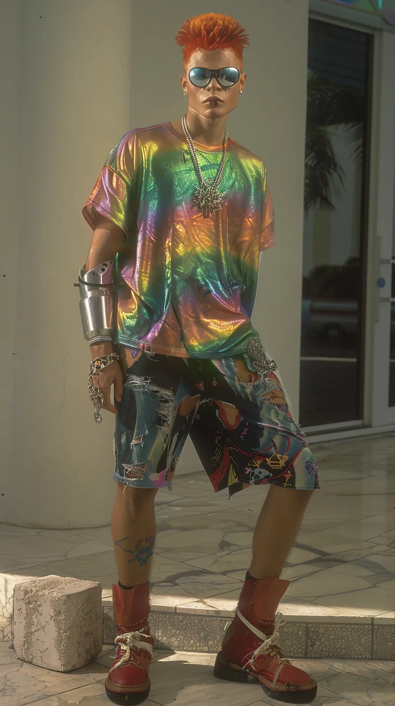 Retrato de una persona con cabello corto naranja, gafas de sol espejadas, una camiseta holográfica de colores, shorts de mezclilla rotos, un brazo protésico metálico y botas rojas, de pie en un piso de baldosas junto a un edificio de vidrio.