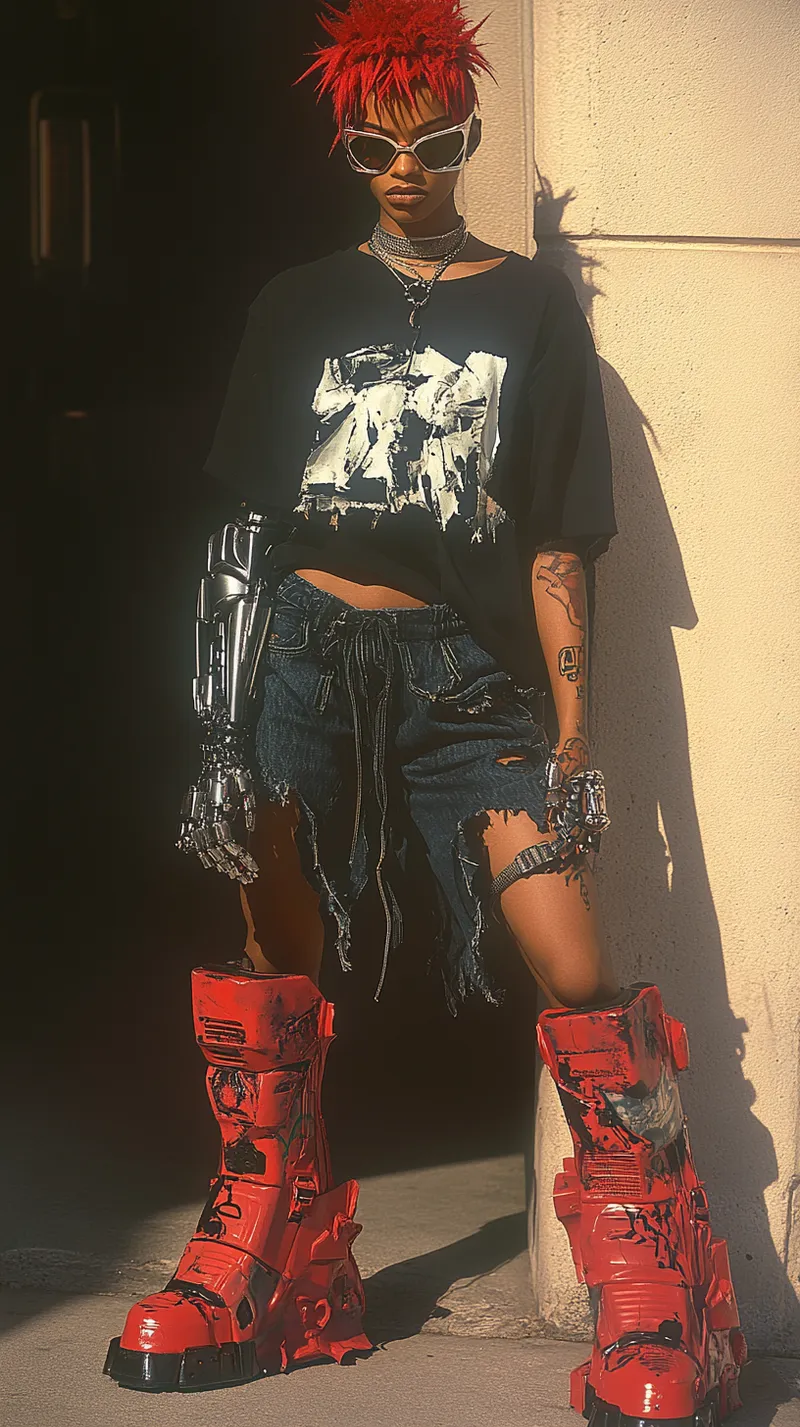Retrato de una persona con cabello corto rojo de puntas, gafas de sol, camiseta negra corta con estampado, shorts de mezclilla, un brazo protésico metálico, tatuajes en el otro brazo y botas rojas voluminosas tipo plataforma, recostada contra una pared.